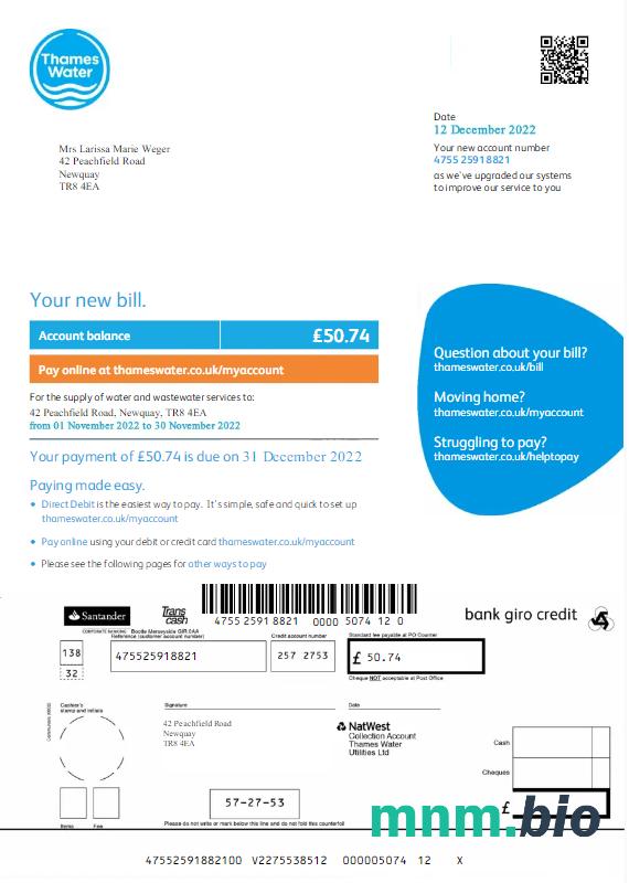 UNITED KINGDOM Thames WATER rachunek za media Word i PDF template